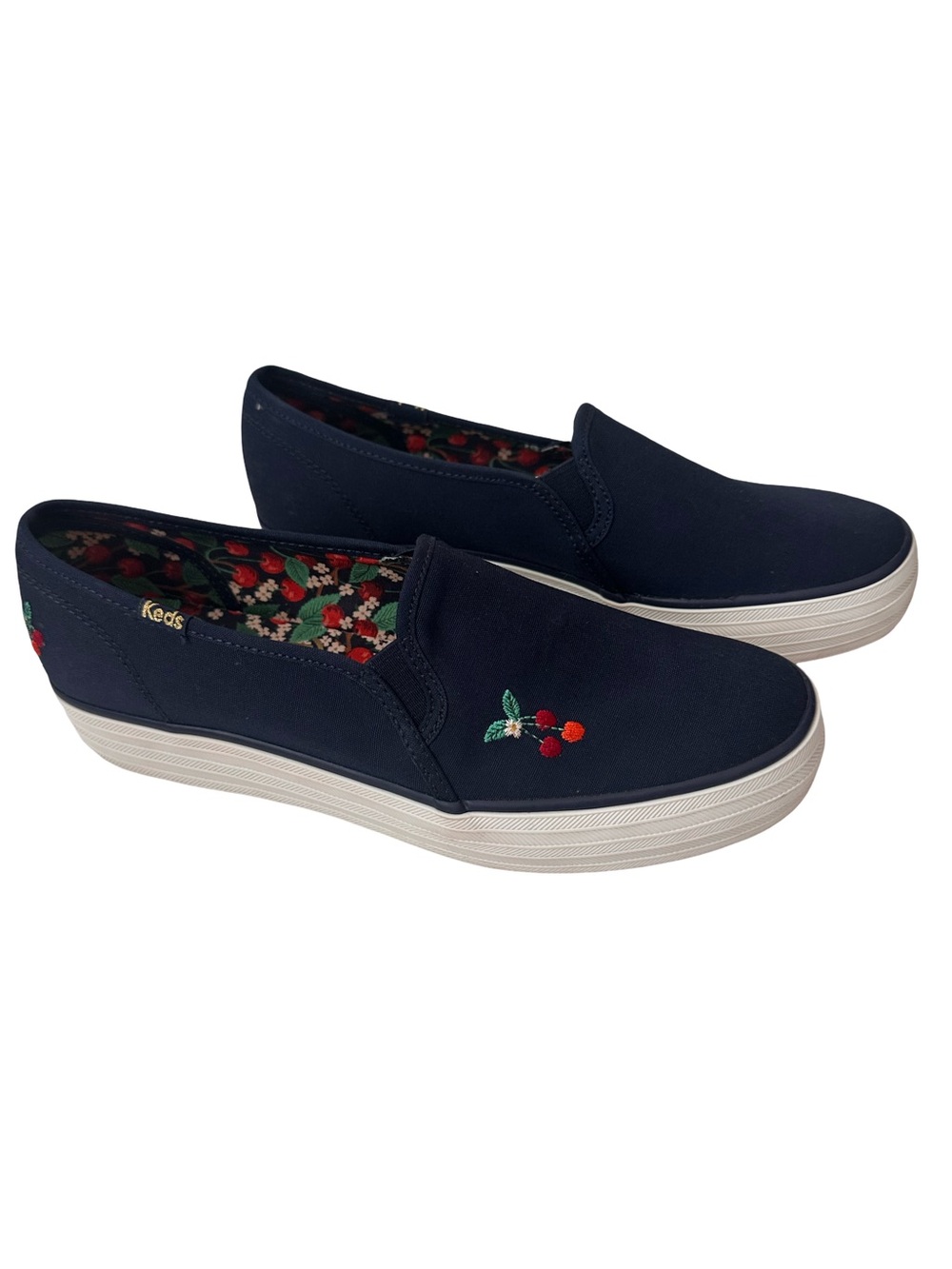 Keds X Rifle Paper Triple Decker Cherries Navy Canvas Slip-On Platform Sneakers